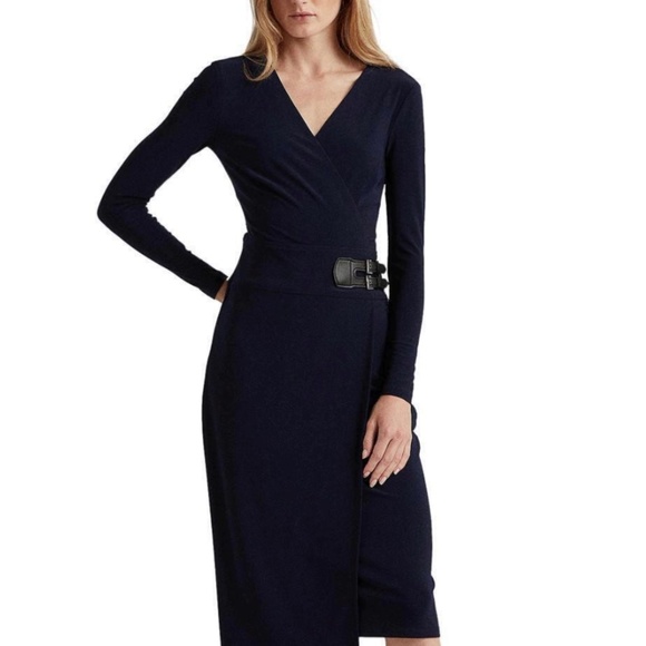Ralph Lauren Buckle Faux Wrap Dress NAVY Size 8 - Picture 1 of 4